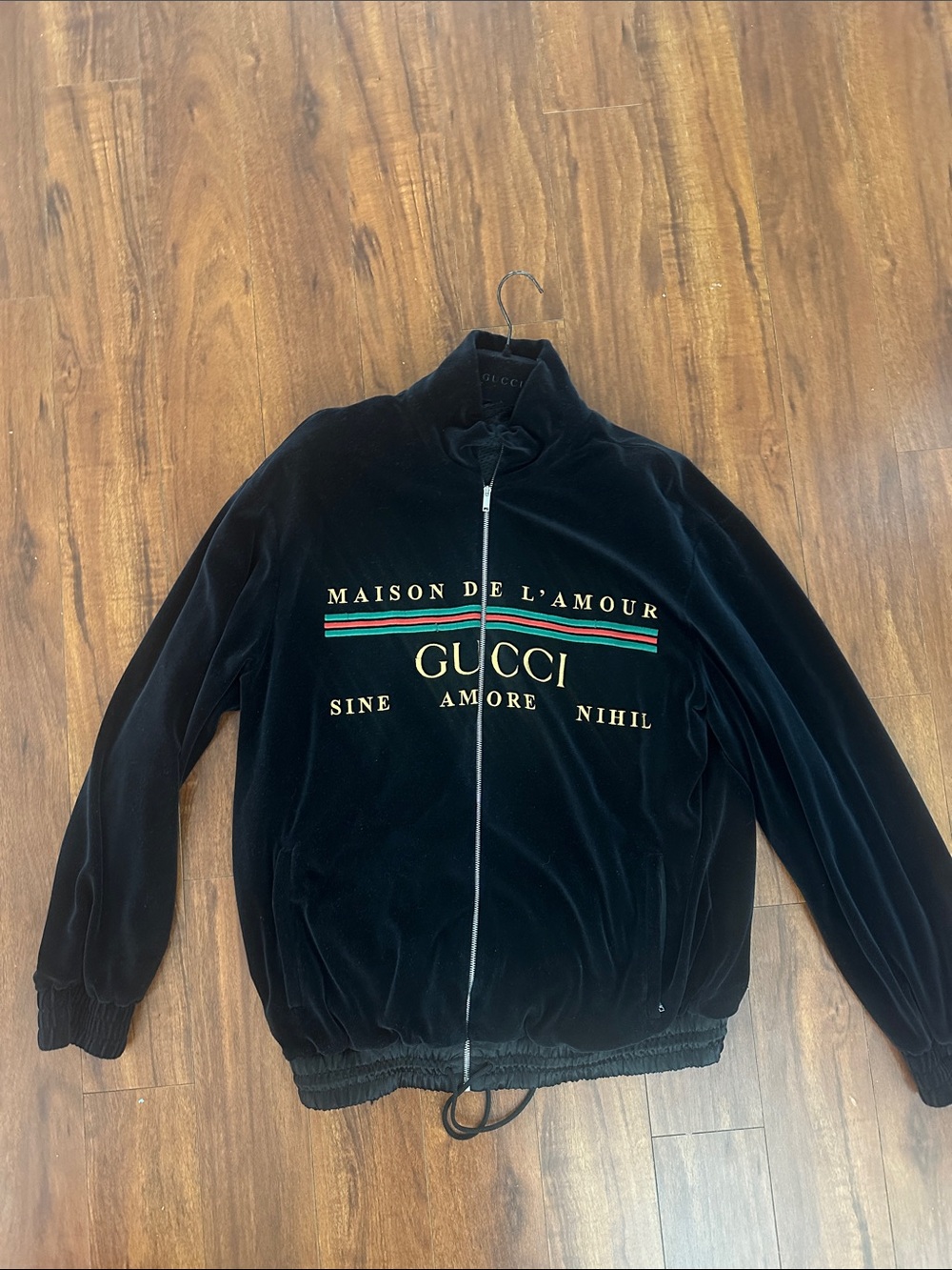 Gucci Black Velvet Zip-Up Bomber with Green & Red Stripe